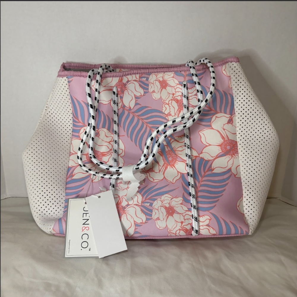 Jen & Co Floral Fabric Vegan Leather Large Handbag Pink/Gray NWT